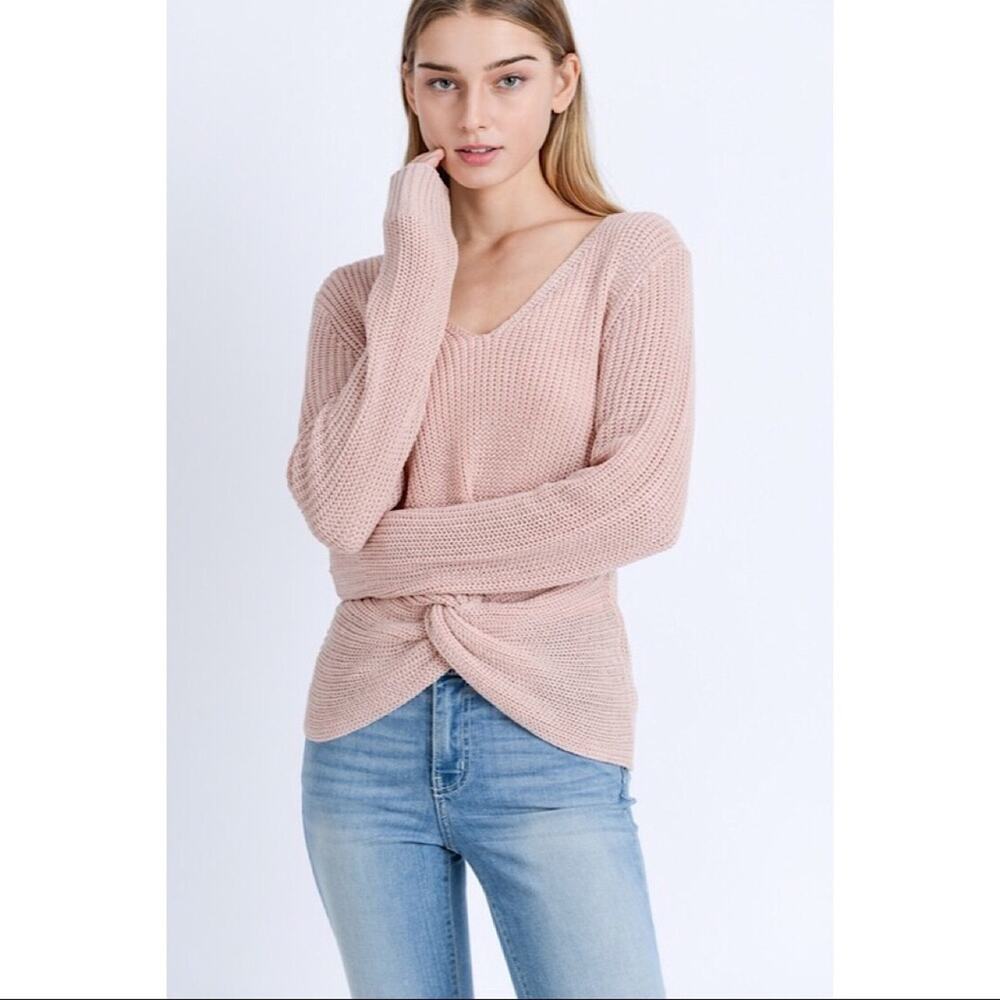 ♥ 594 ♥ (M) Twist Knot Wide V-neck Solid Knit Top